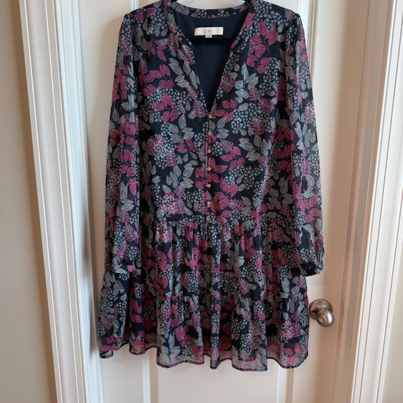 LOFT Navy and Magenta Floral Leafed Flounce Dress - Picture 3 of 8